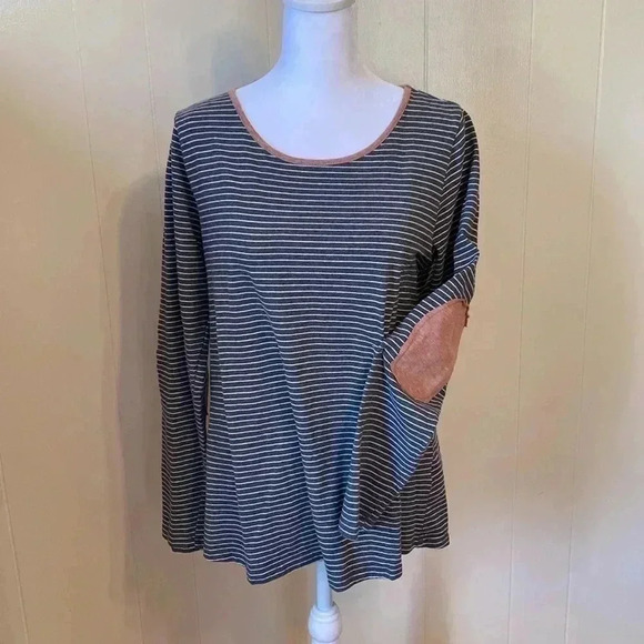 Umgee Gray & White Stripe Long Sleeve Top Brown Trim & Elbow Pads Size Medium. - Picture 1 of 12